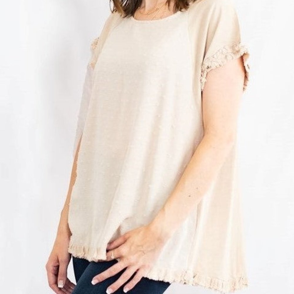 Frayed Hem Linen Tunic Top with Swiss Dot Detail by Umgee Sz Small